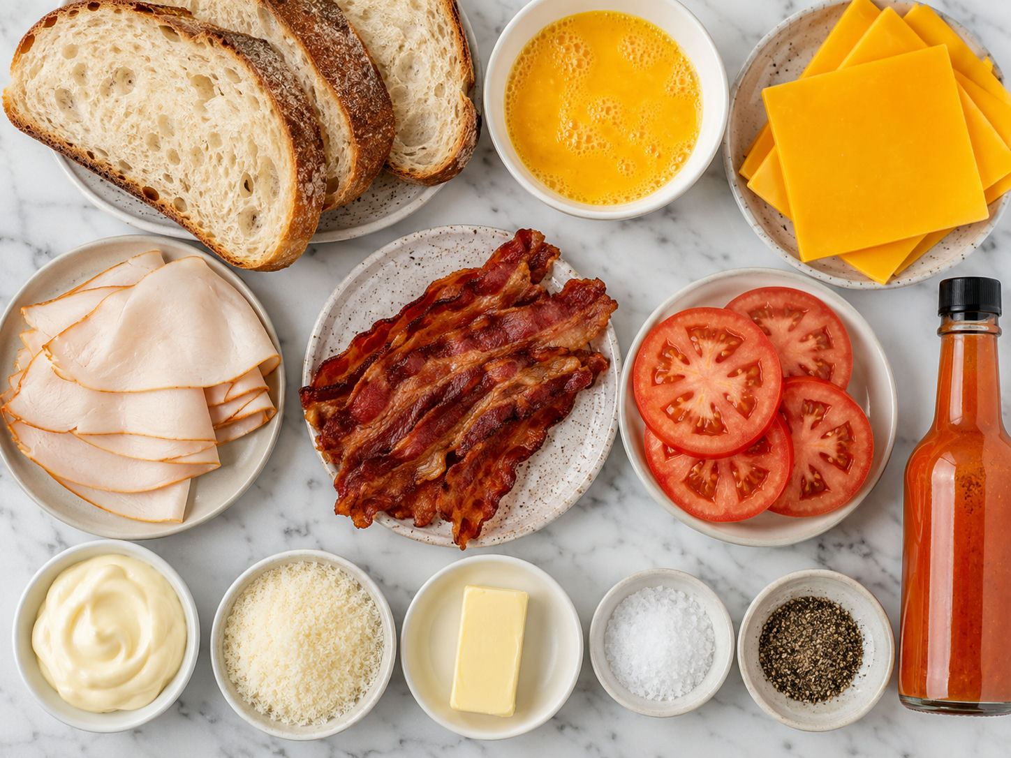 Ingredients for a crispy breakfast sandwich with sourdough, eggs, bacon, and cheese