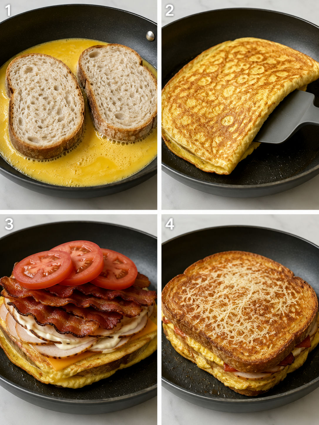 Four skillet steps for making a crispy breakfast sandwich