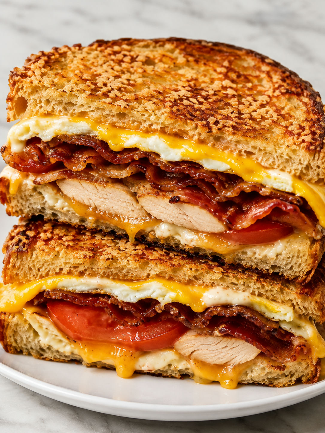 Parmesan-crusted breakfast sandwich with melted cheese, bacon, egg, and tomato