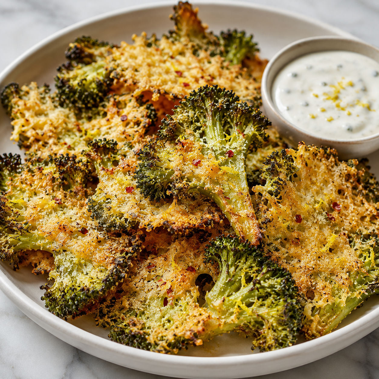 Crispy cheesy broccoli chips with Parmesan crust and lemon zest