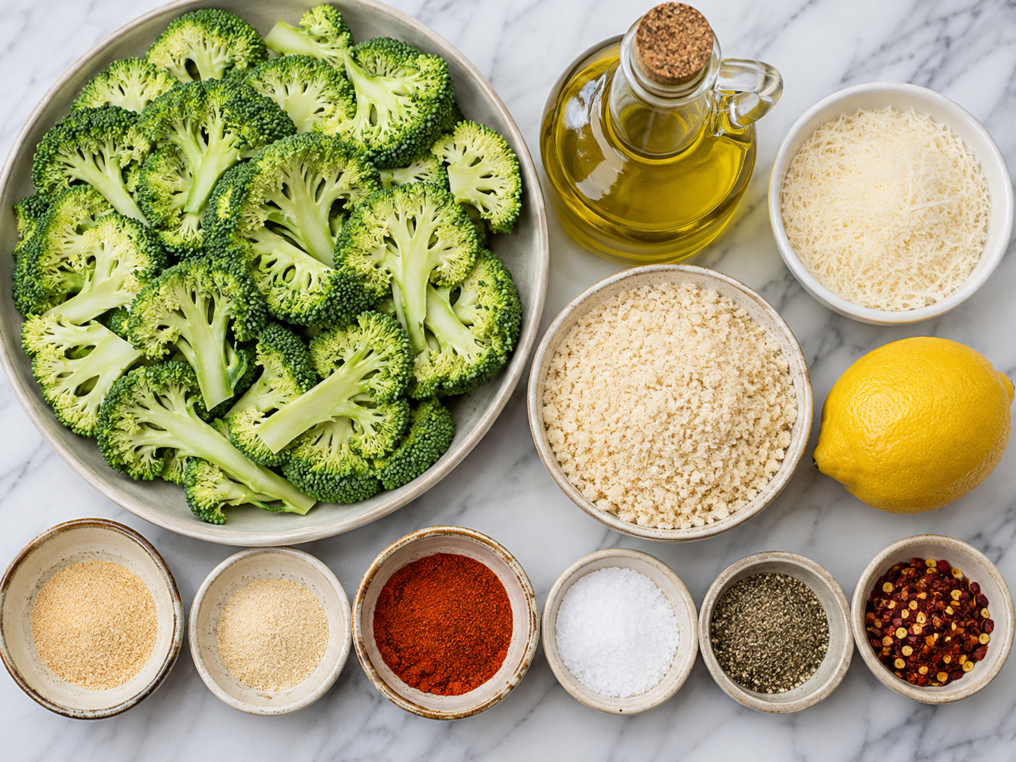 Broccoli, Parmesan, panko, olive oil, spices, and lemon for broccoli chips