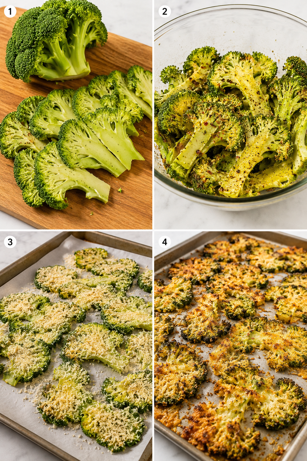 Four steps for making crispy cheesy broccoli chips from slicing to baking