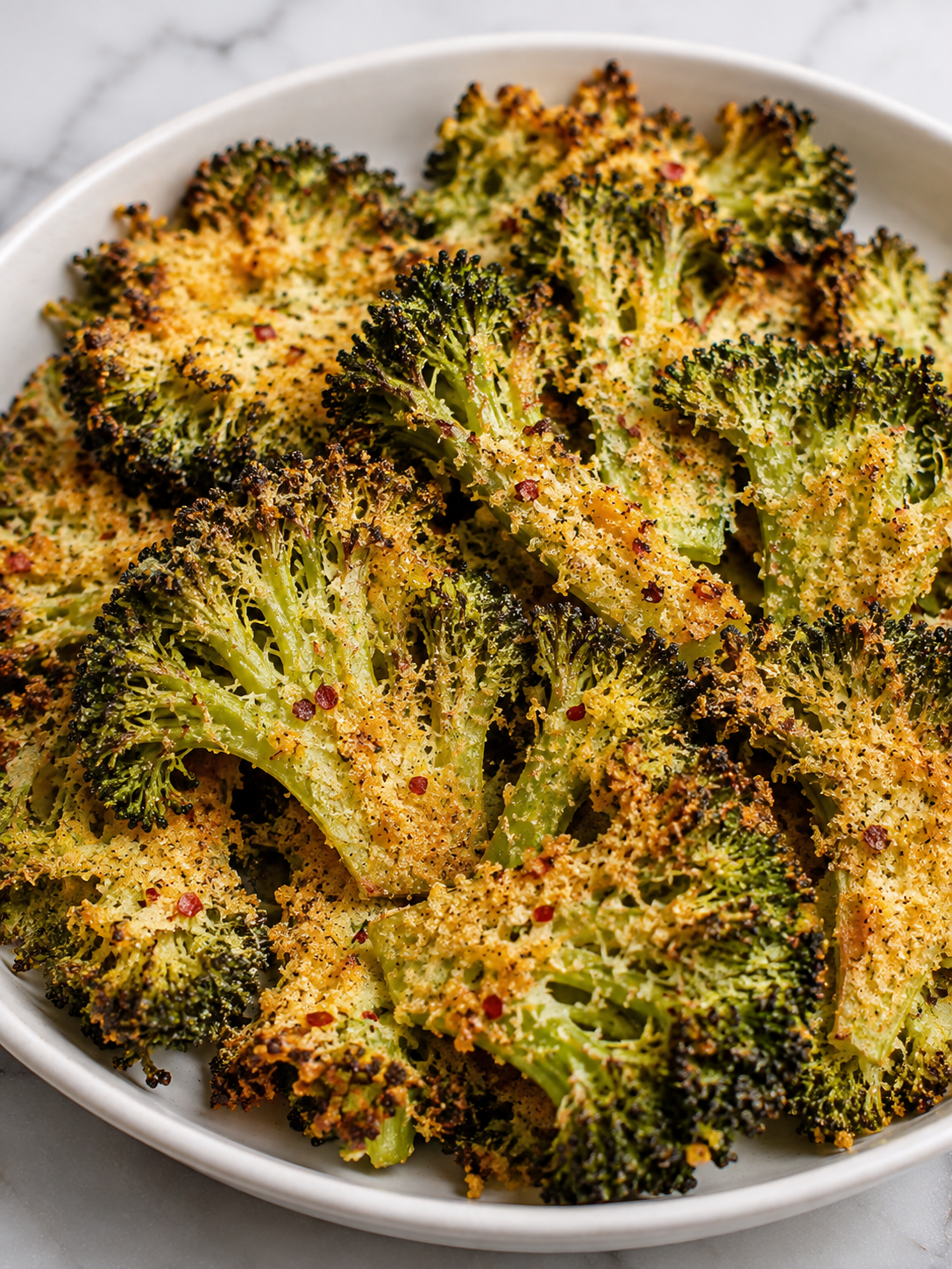 Golden crispy cheesy broccoli chips with Parmesan and red pepper flakes