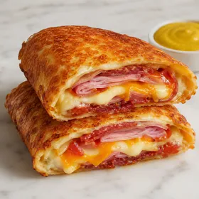 Crispy ham and salami tortilla pocket with melted cheese and tomato