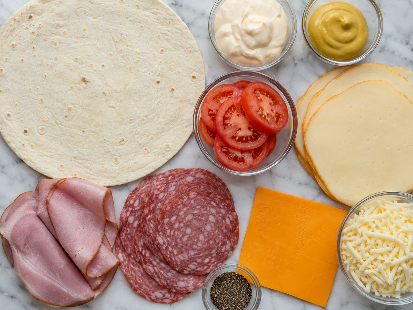 Ingredients for a ham and salami tortilla pocket with cheese and tomato