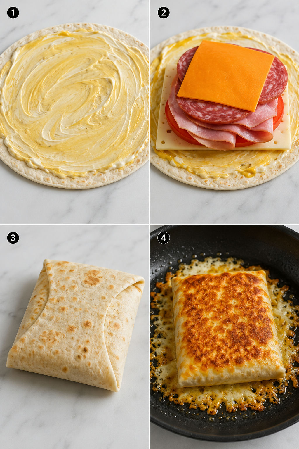 Steps for folding and skillet-crisping a cheesy ham salami tortilla pocket