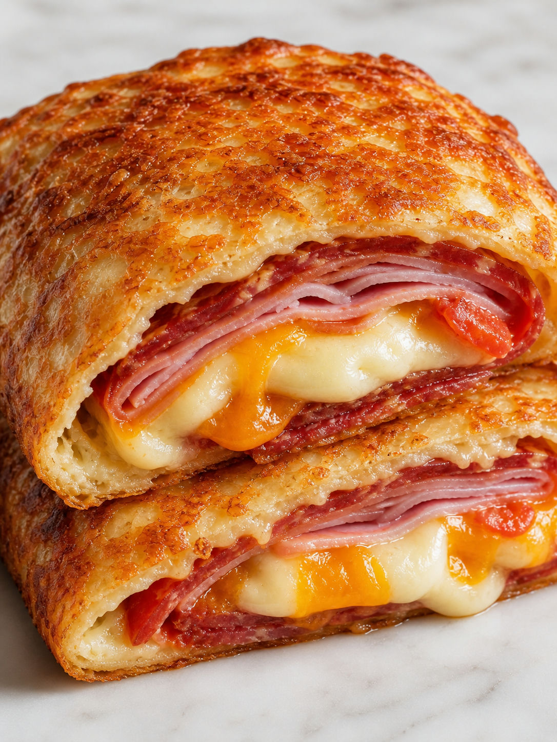 Crispy cheesy ham and salami tortilla pocket with a golden crust