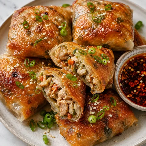 Crispy chicken rice paper dumplings with chili soy dipping sauce