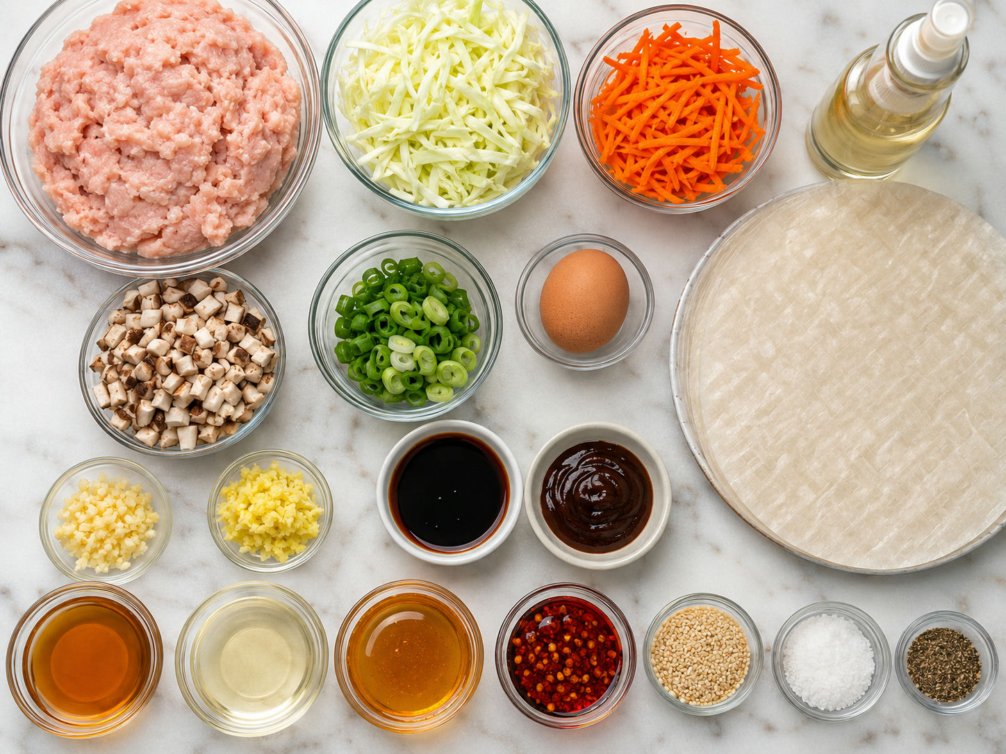 Ingredients for crispy chicken rice paper dumplings on a wooden surface