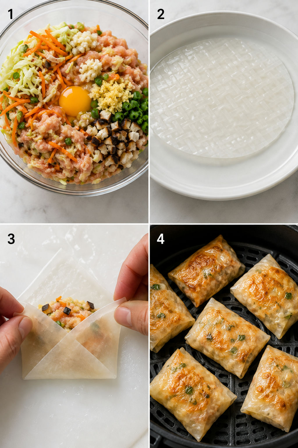 Four cooking steps for crispy chicken rice paper dumplings