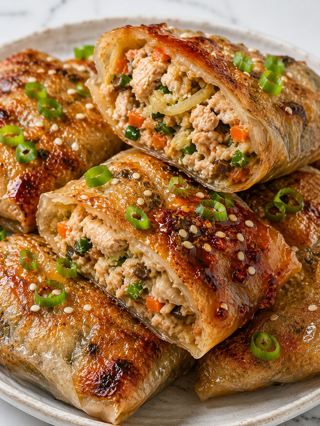 Golden crispy chicken rice paper dumplings with sesame and dipping sauce