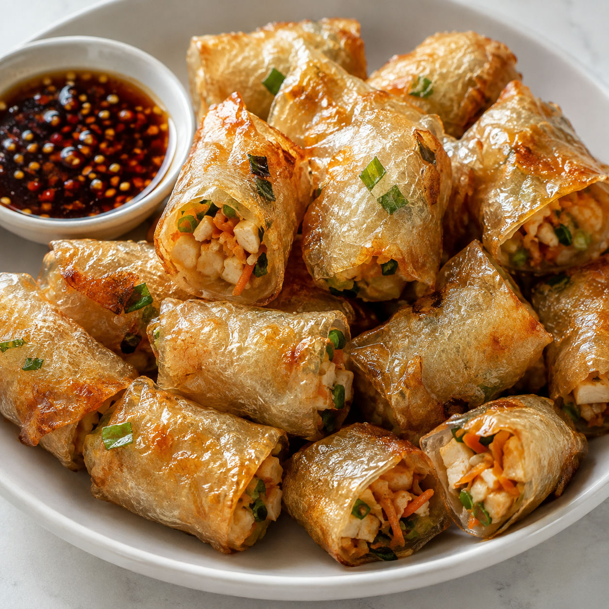 Crispy chicken rice paper rolls with soy chili dipping sauce
