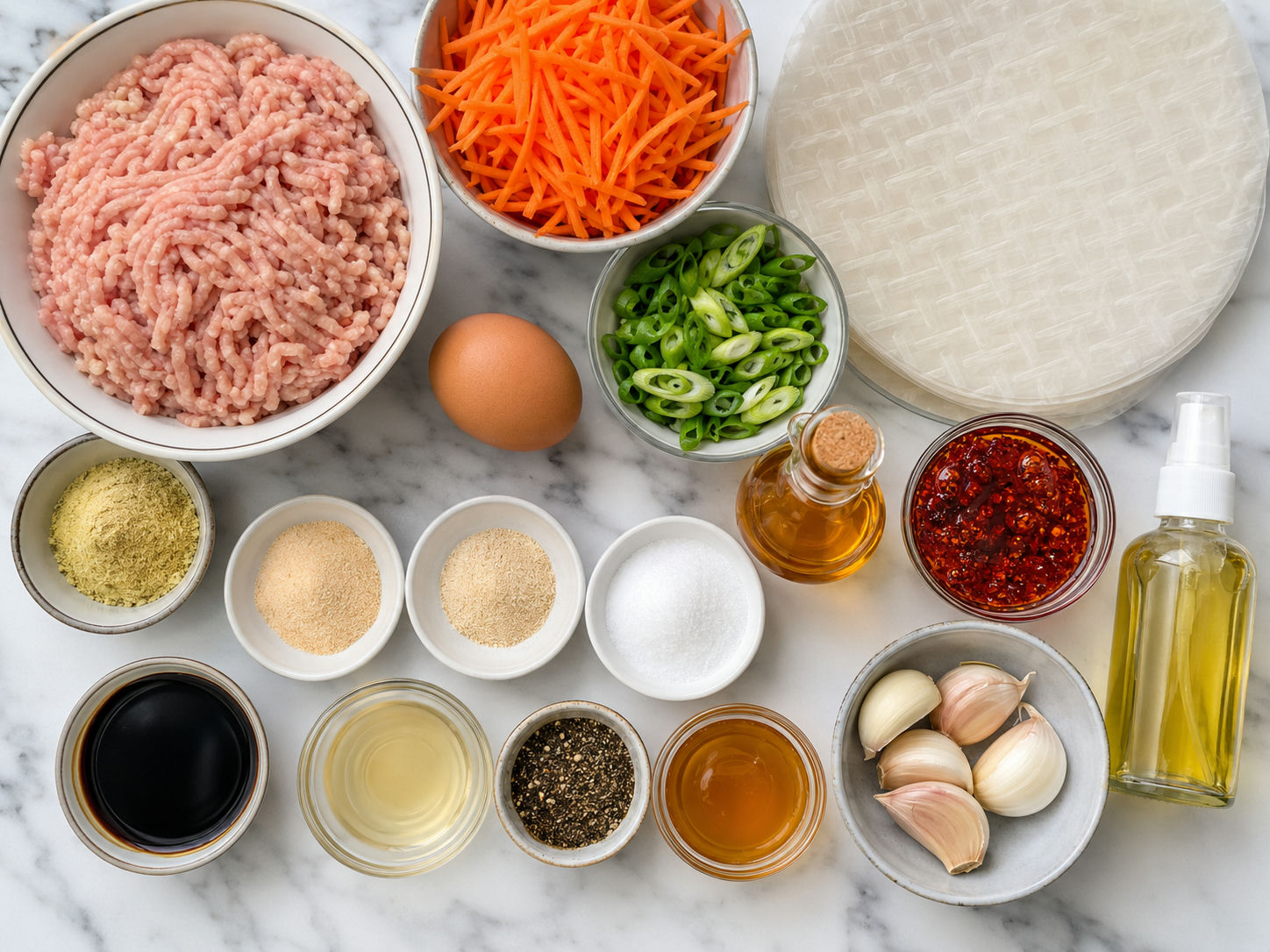 Ingredients for crispy chicken rice paper rolls on a wood surface