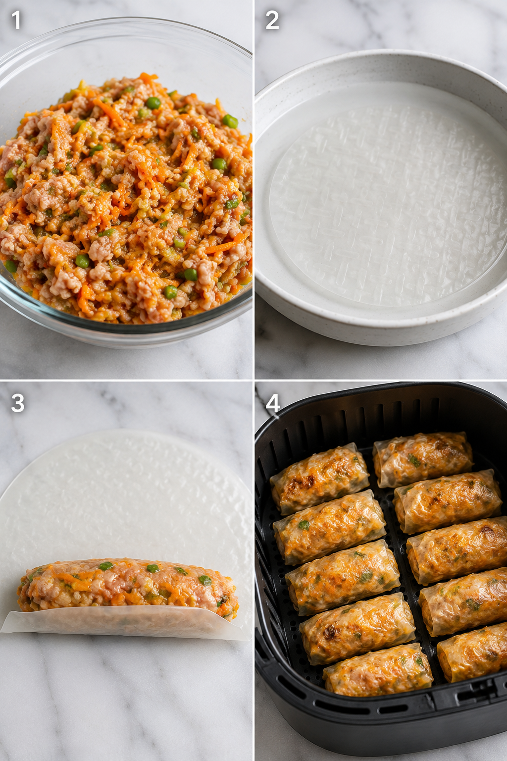Four steps for making air fryer chicken rice paper rolls
