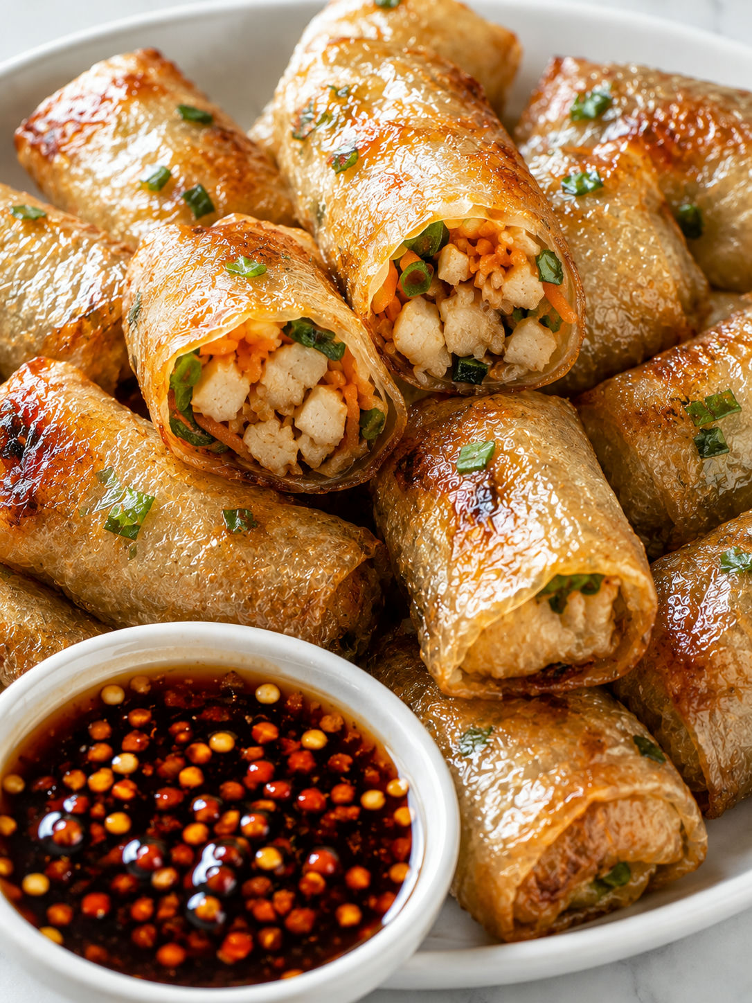 Crispy chicken rice paper rolls stacked with a soy chili dip