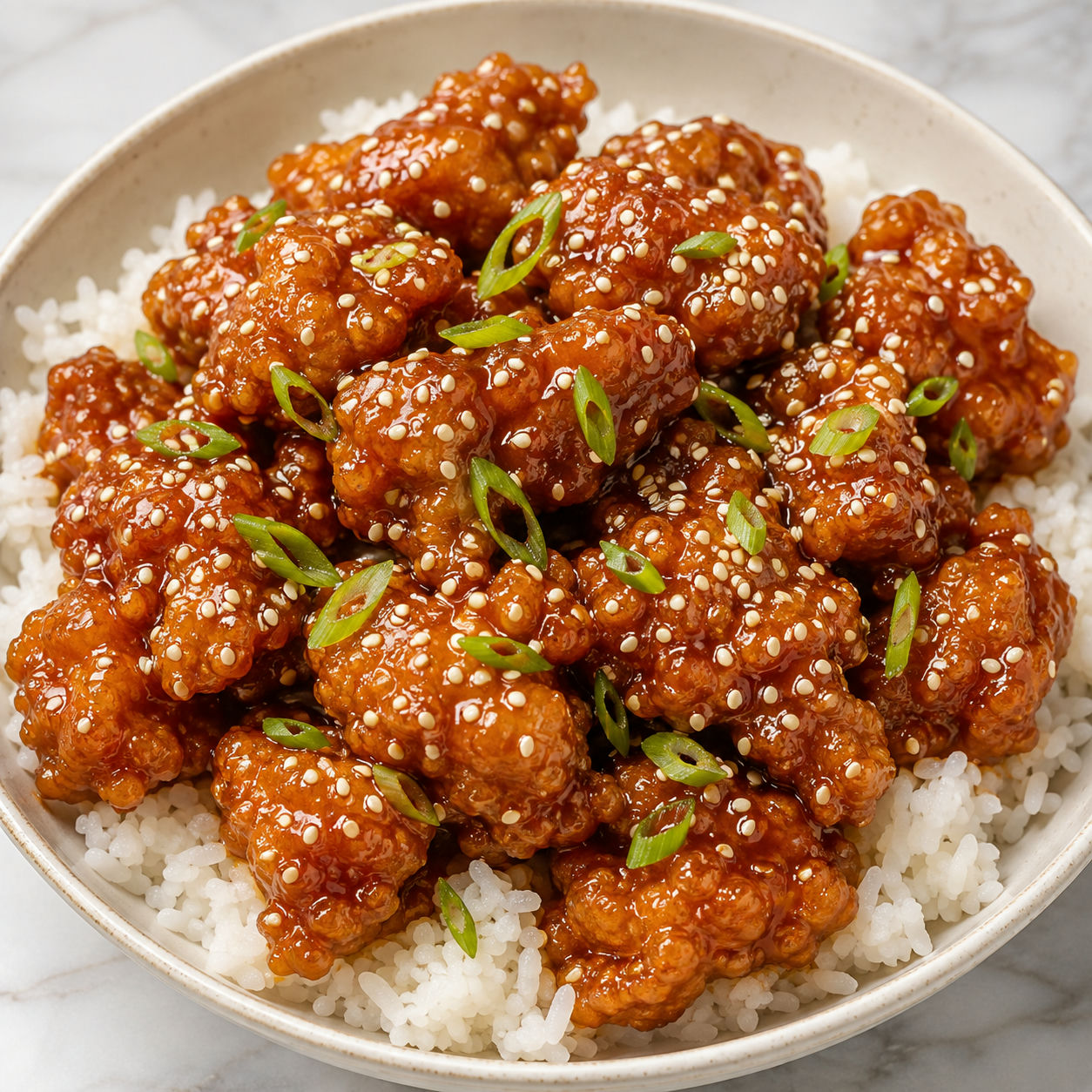 Crispy sticky sesame chicken over rice with scallions and sesame seeds