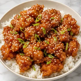 Crispy sticky sesame chicken over rice with scallions and sesame seeds