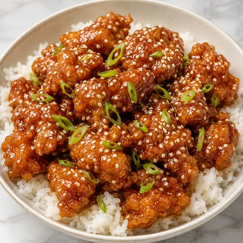 Crispy sticky sesame chicken over rice with scallions and sesame seeds