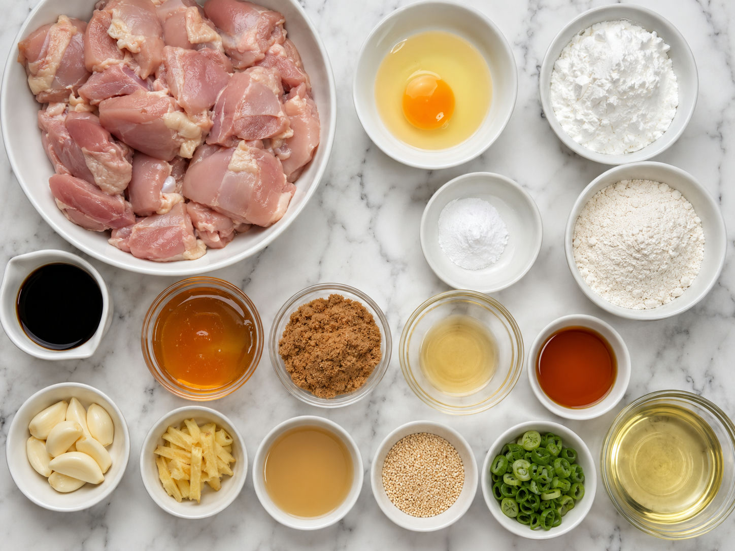 Ingredients for crispy sticky sesame chicken with garlic, ginger, and sesame