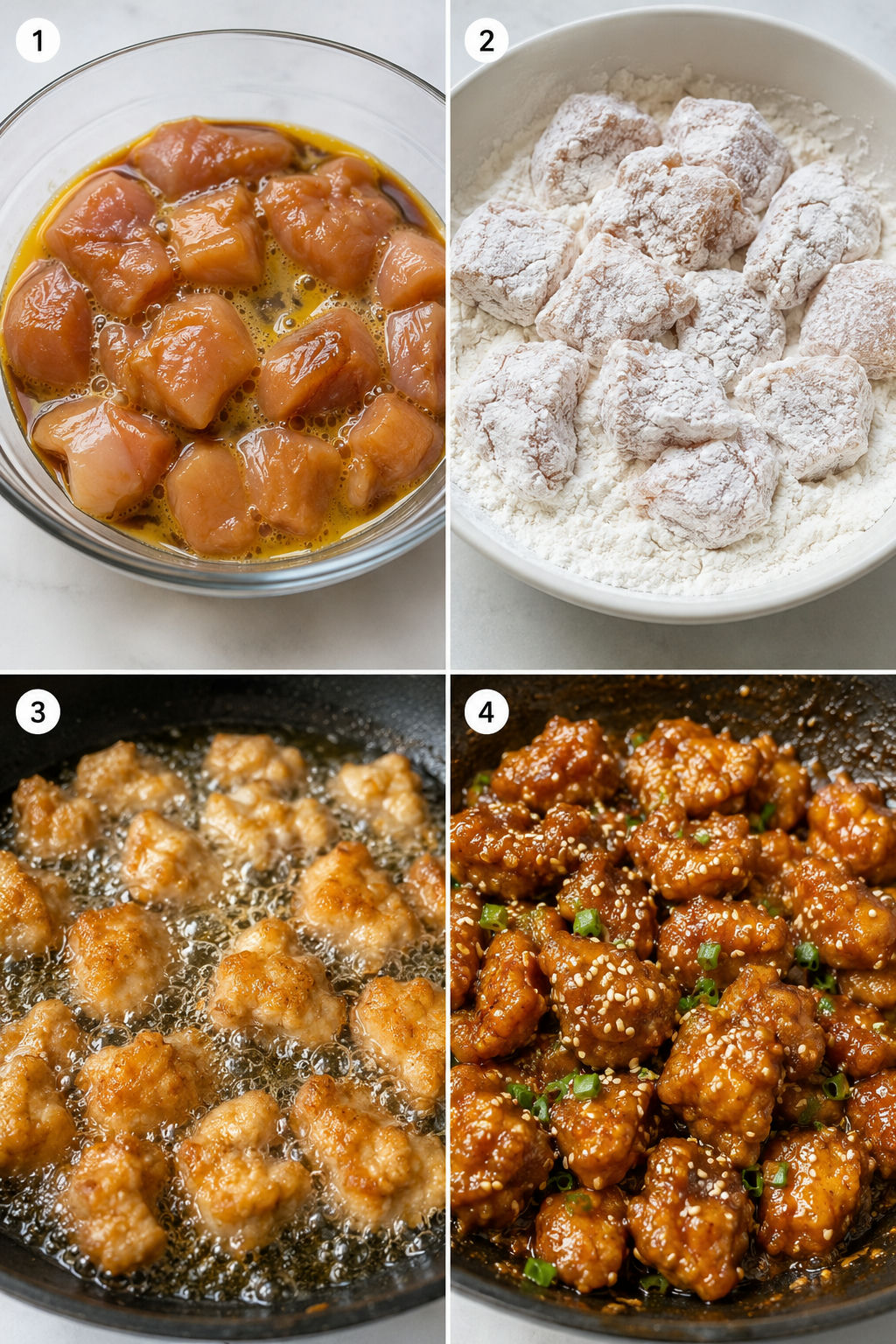 Four cooking steps for crispy sticky sesame chicken from coating to glazing