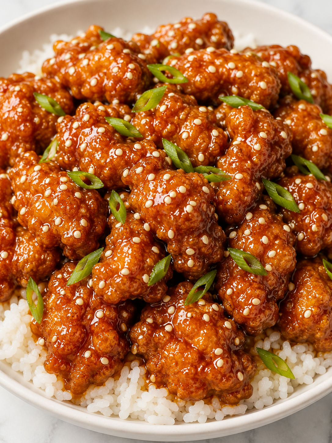 Glossy crispy sesame chicken over white rice with green onions