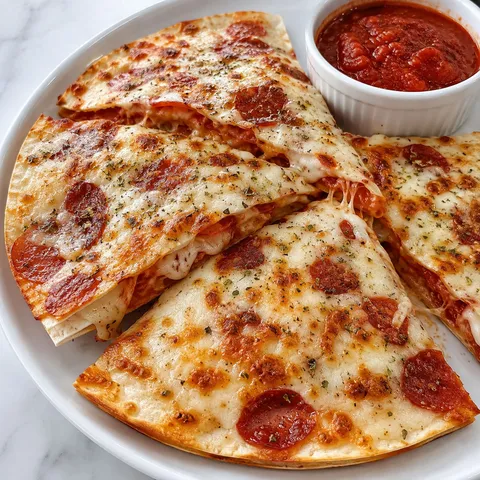 Crispy pizza quesadilla wedges with pepperoni, mozzarella, and dipping sauce