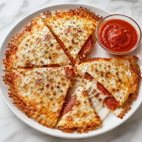 Crispy pizzadilla wedges with pepperoni, melted mozzarella, and marinara