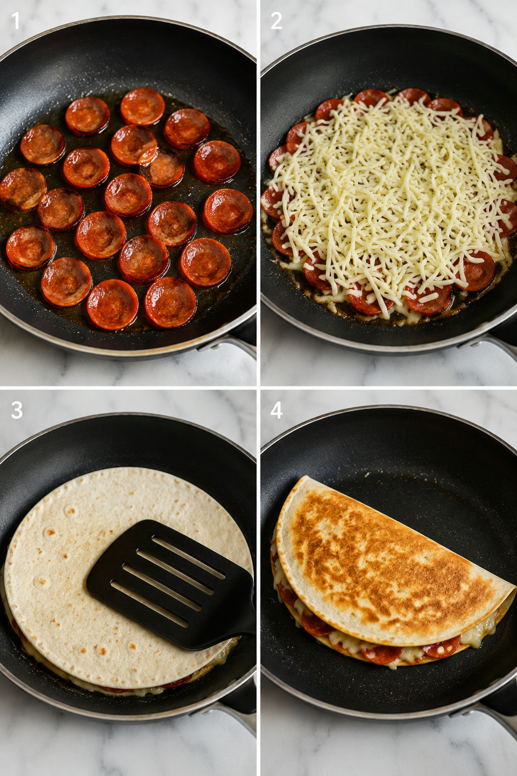 Four cooking steps for making a crispy pepperoni pizzadilla