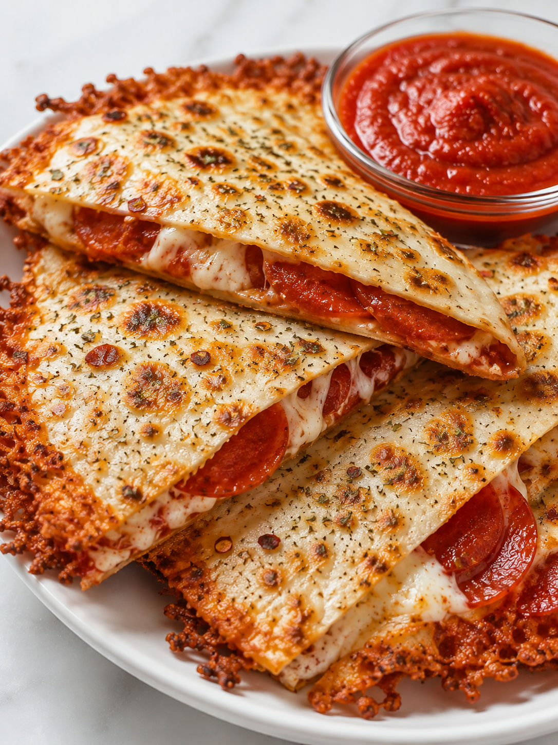 Golden pepperoni pizzadilla wedges with melted mozzarella and marinara