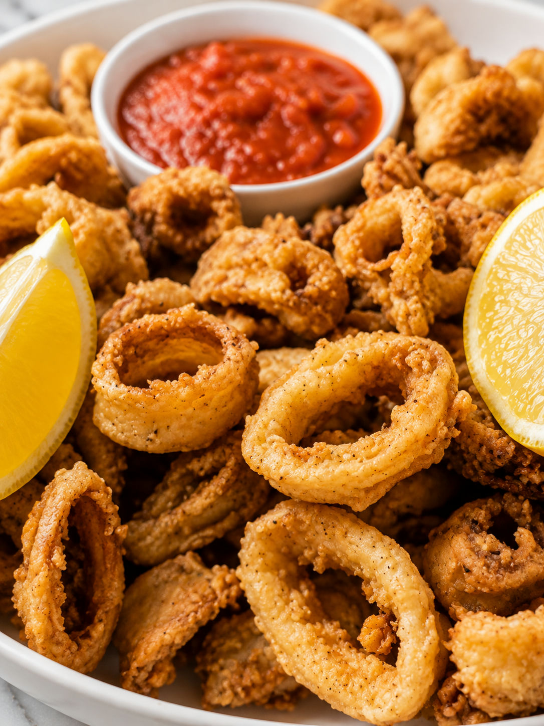 Crispy fried calamari with lemon, parsley, and marinara