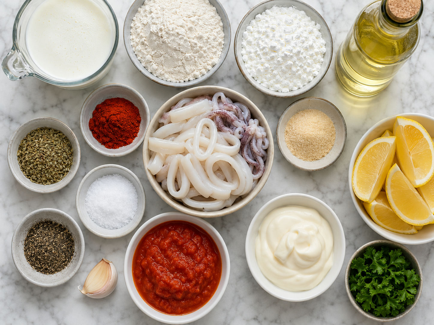 Ingredients for crispy fried calamari with squid, buttermilk, lemon, and dips