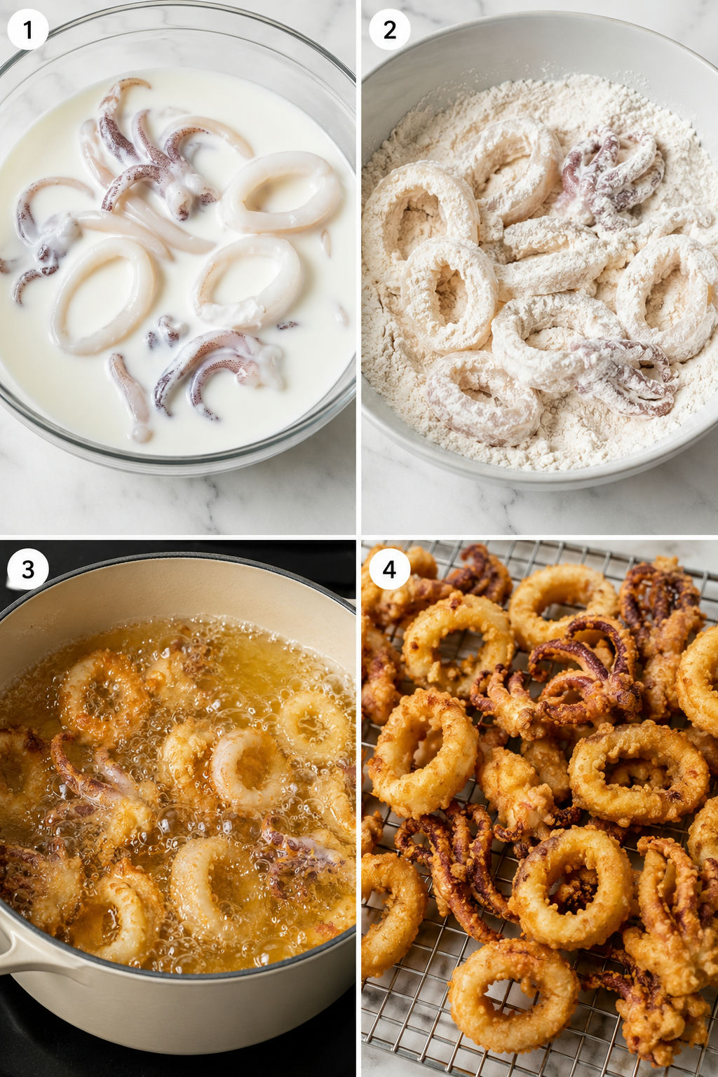 Four cooking steps for crispy fried calamari from soaking to draining