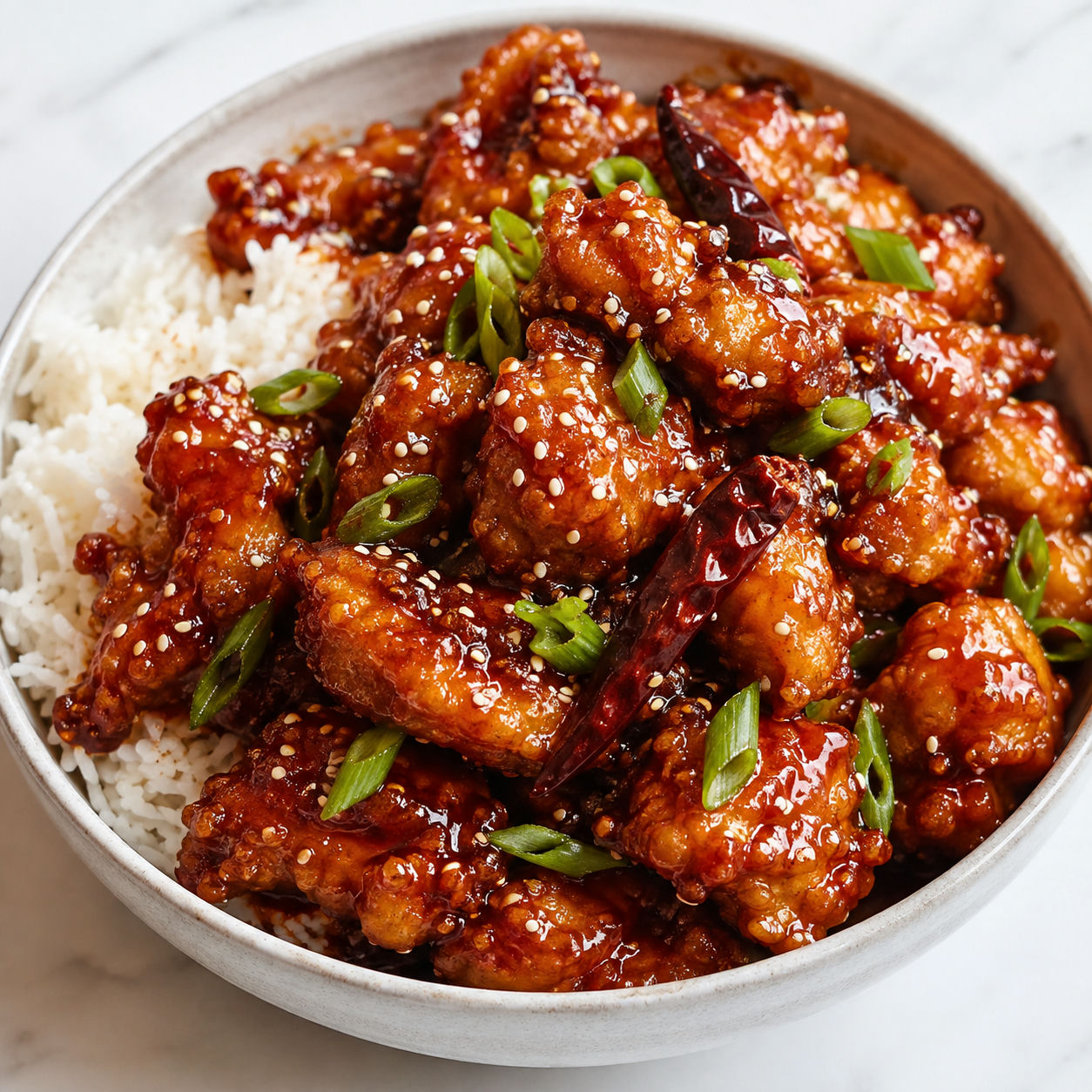 Crispy General Tso’s chicken with sesame seeds and scallions