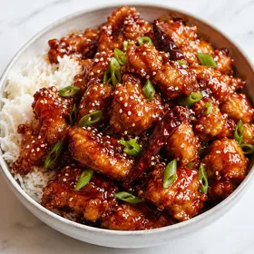 Crispy General Tso’s chicken with sesame seeds and scallions