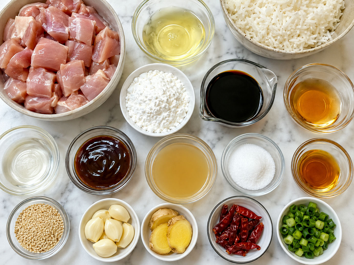 Ingredients for Crispy General Tso’s chicken on a wooden surface
