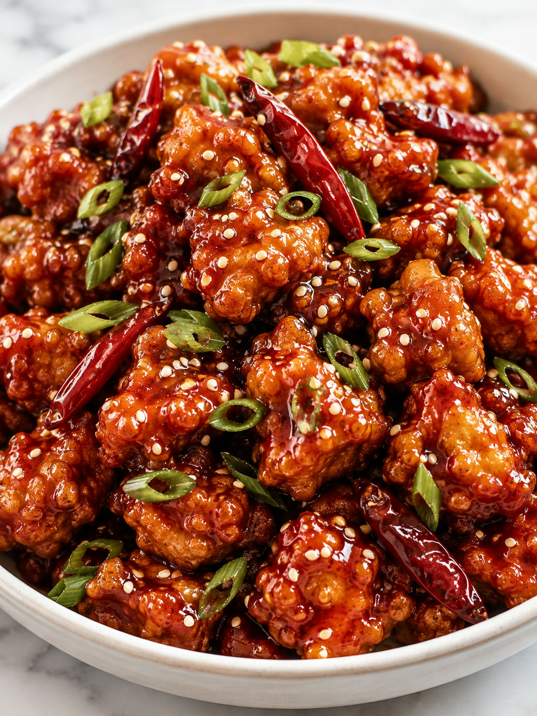 Crispy General Tso’s chicken coated in glossy sauce with scallions