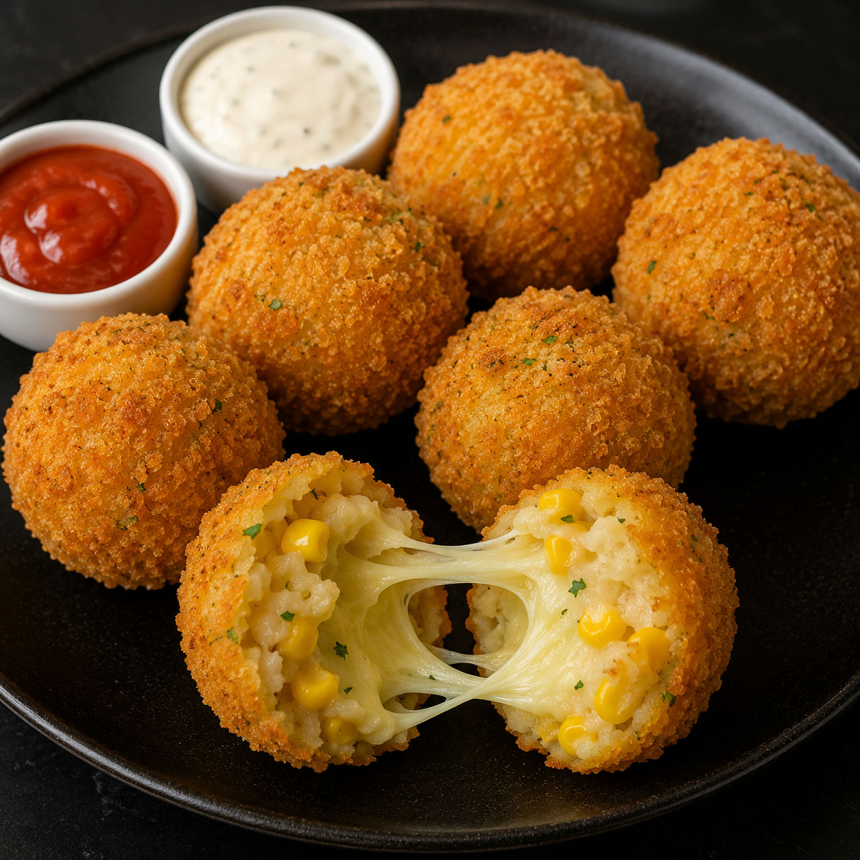 Golden corn cheese balls with melted mozzarella and sweet corn filling