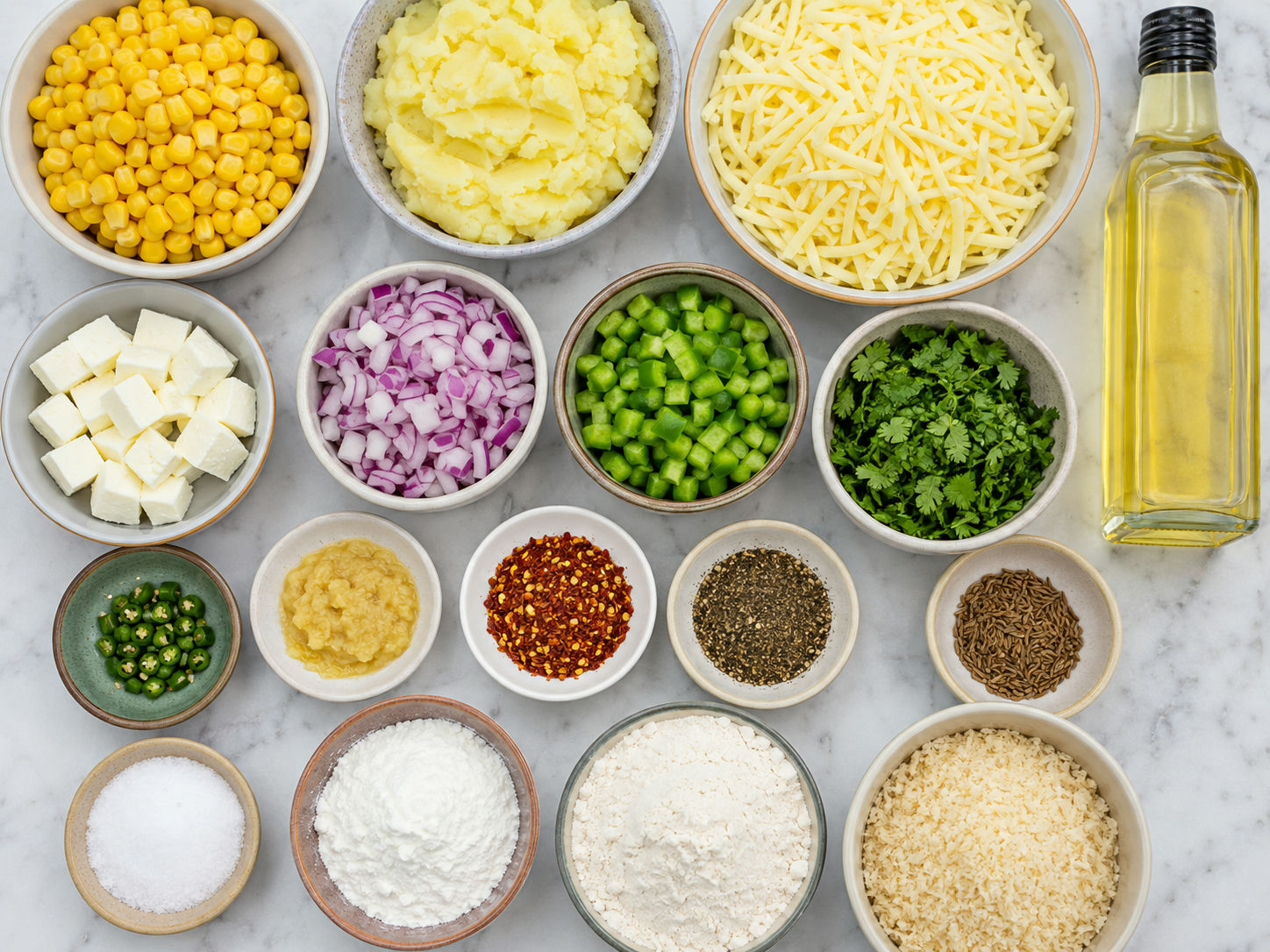 Ingredients for corn cheese balls with corn, potato, mozzarella, and panko