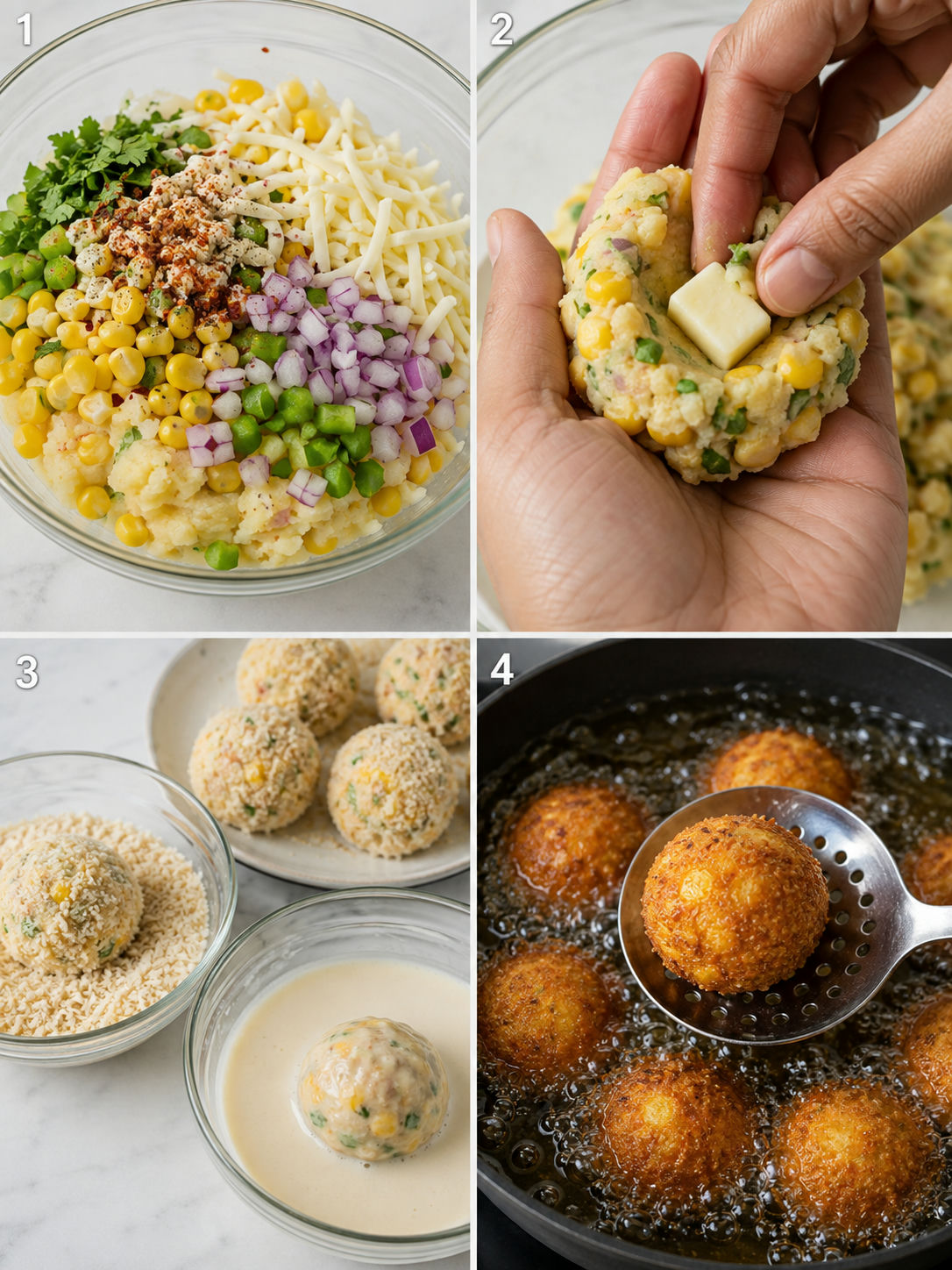 Steps for mixing, stuffing, coating, and frying corn cheese balls
