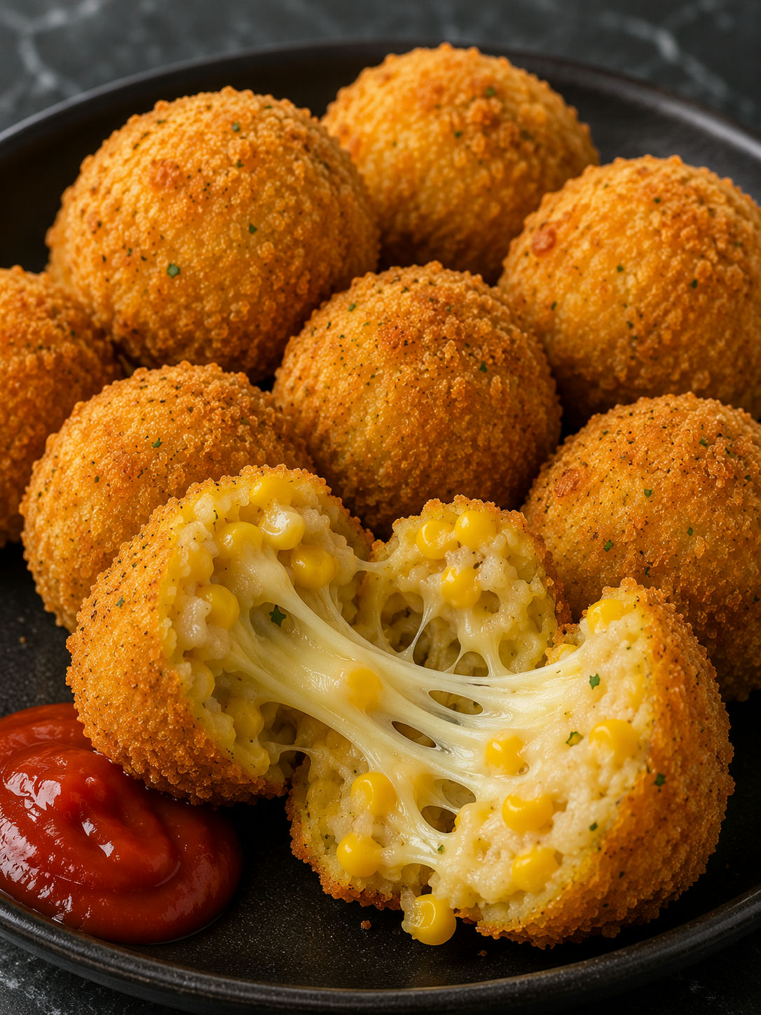 Crispy corn cheese balls with stretchy mozzarella center and chili sauce