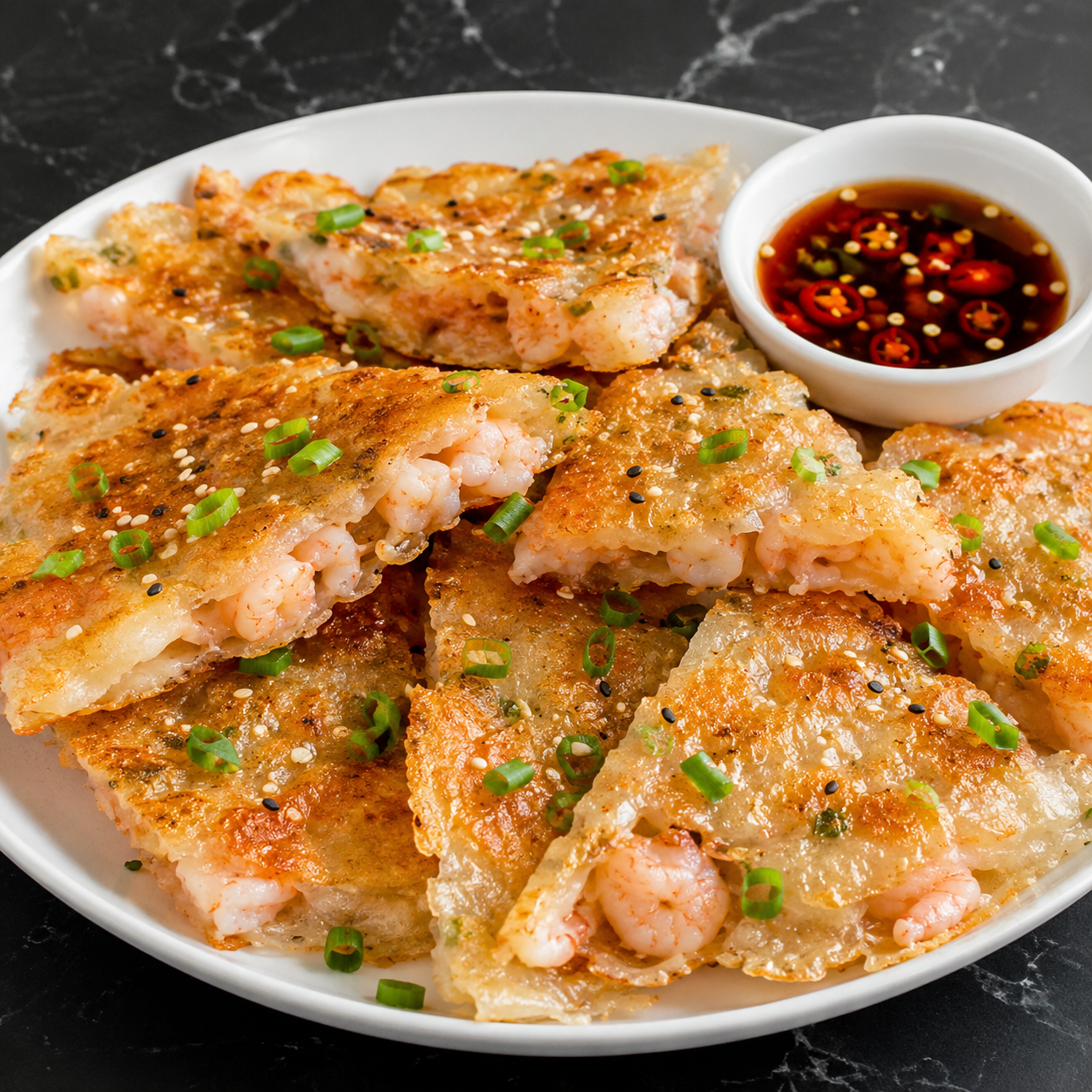 Crispy rice paper shrimp pancake wedges with sesame and soy chili sauce