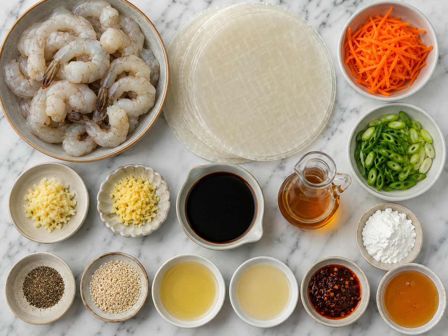 Raw shrimp, rice paper, carrot, scallions, sesame, and dipping sauce ingredients