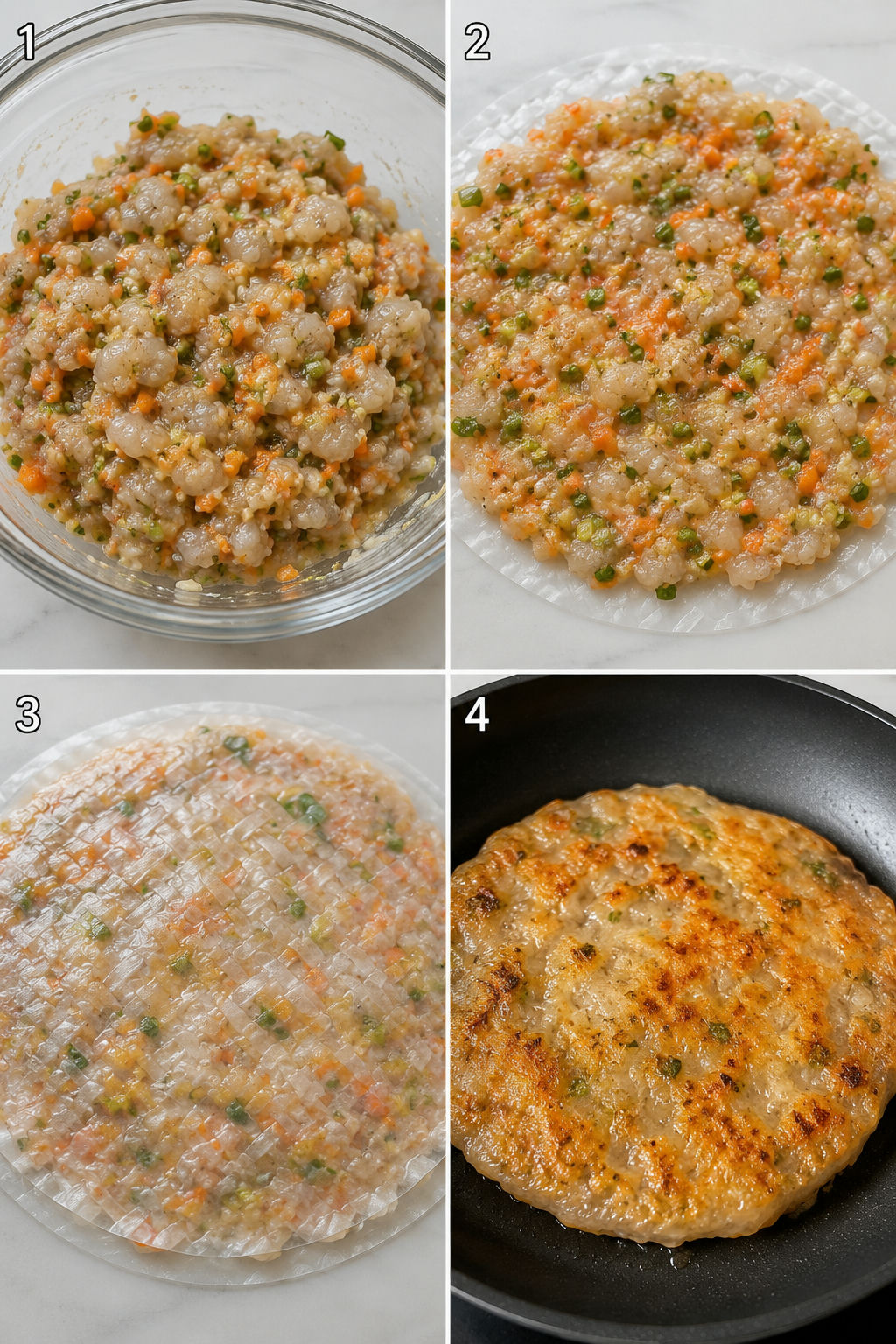 Four cooking steps for making a crispy rice paper shrimp pancake