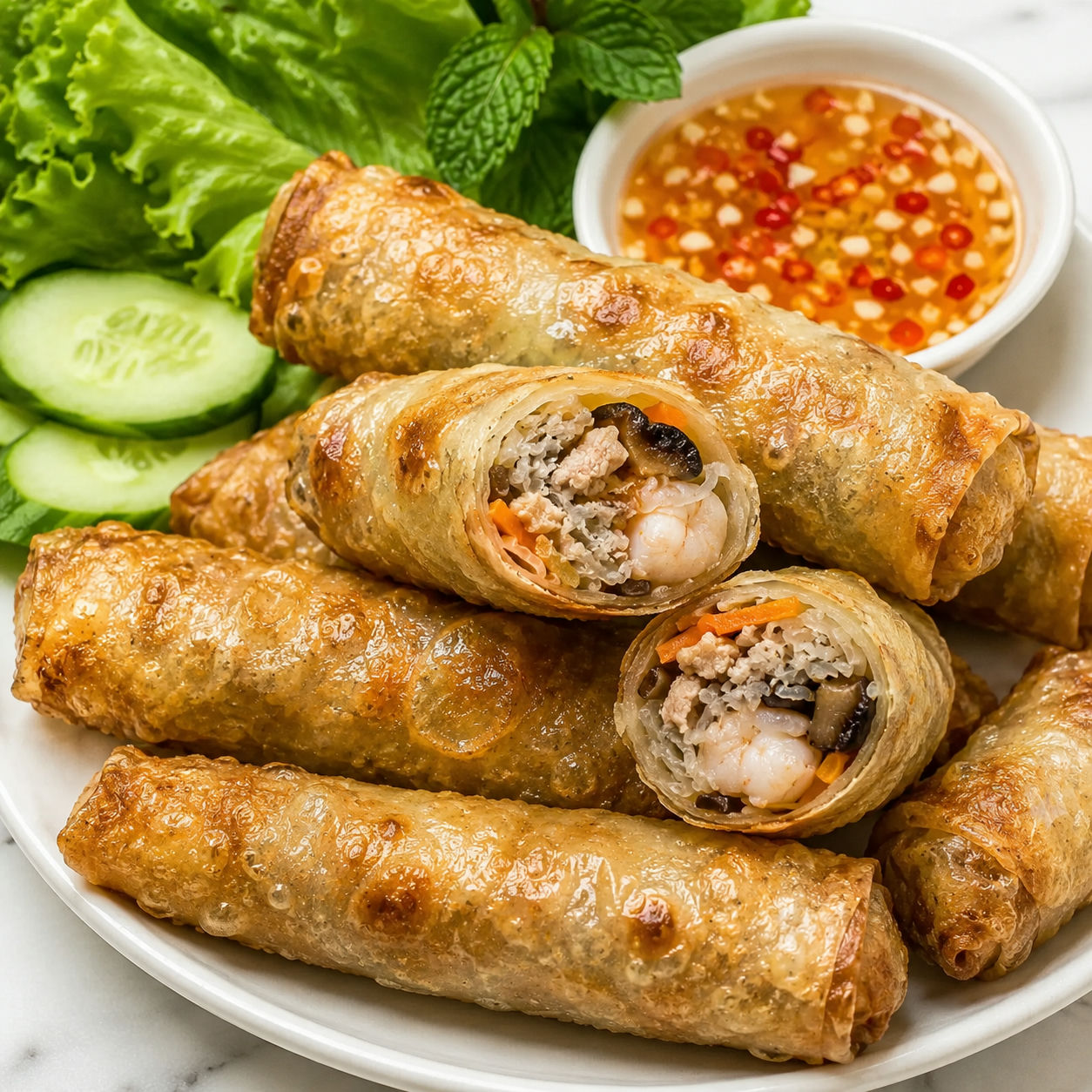 Crispy rice paper spring rolls with sweet tangy dipping sauce