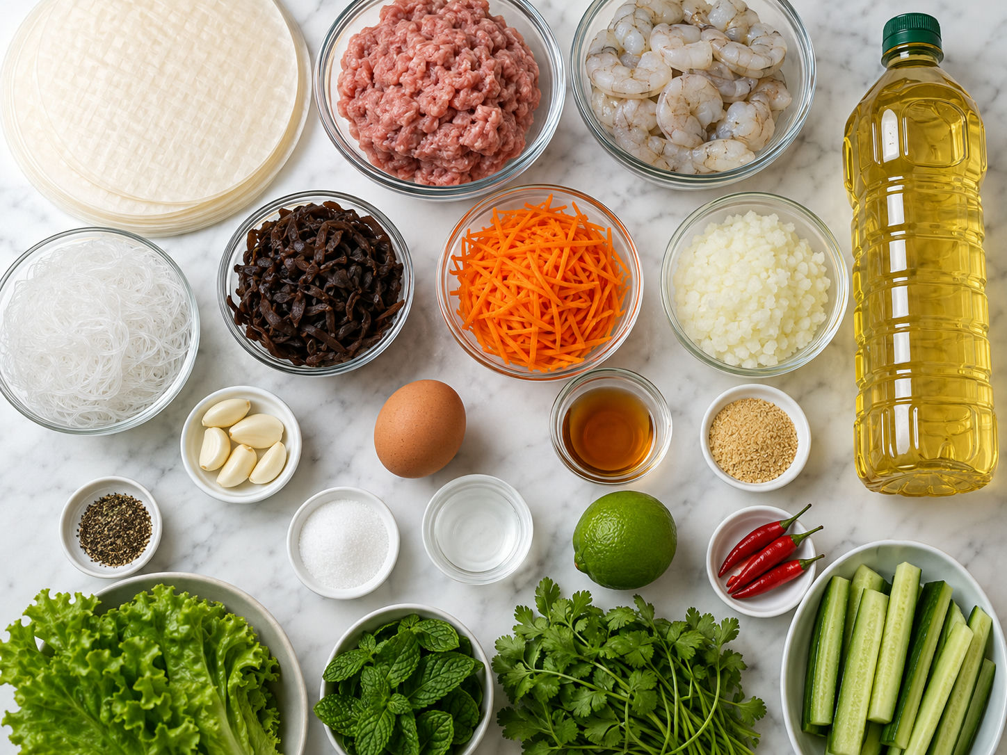 Ingredients for crispy rice paper spring rolls on a wooden surface