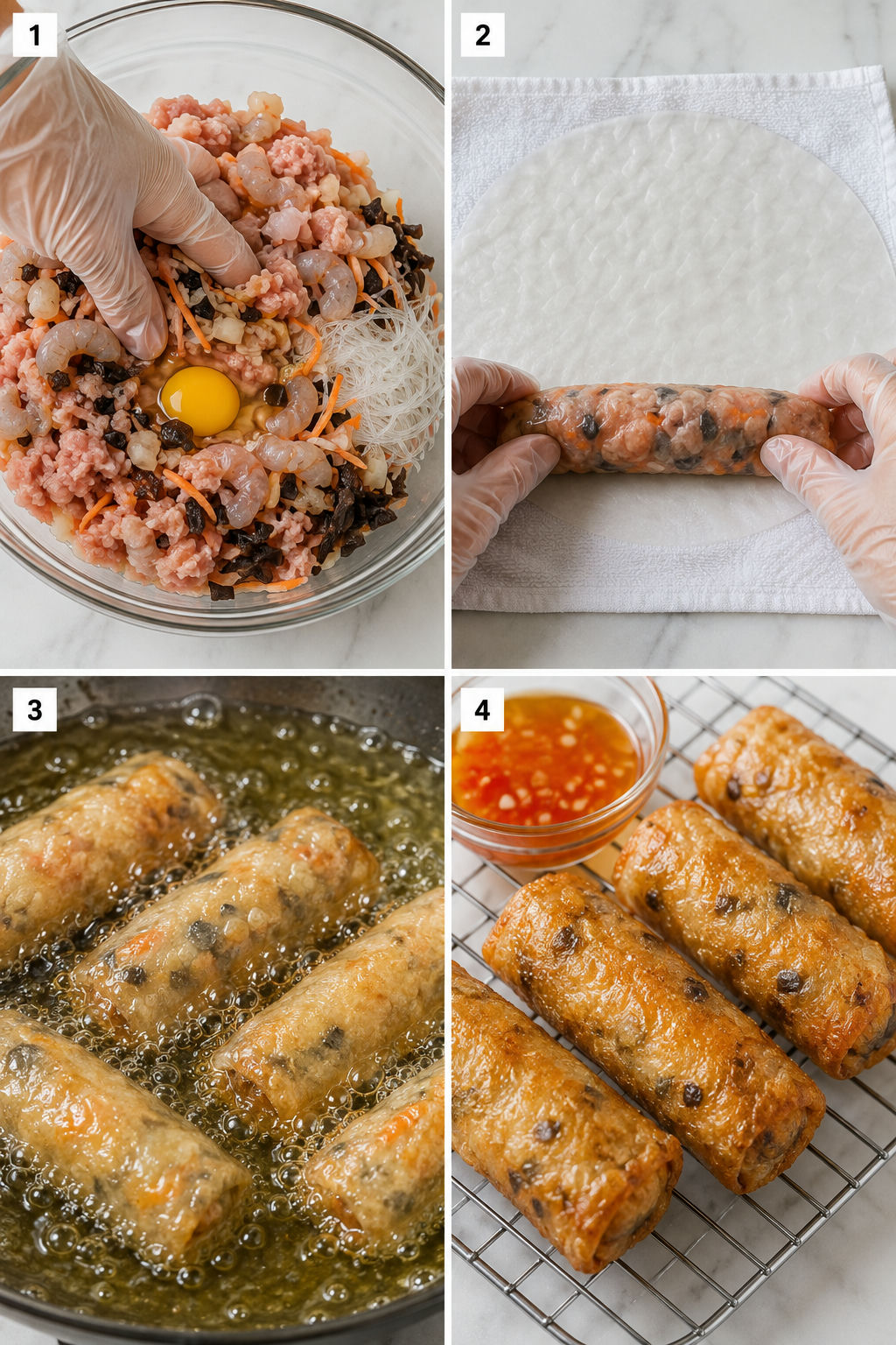 Four steps for mixing, rolling, frying, and draining rice paper spring rolls