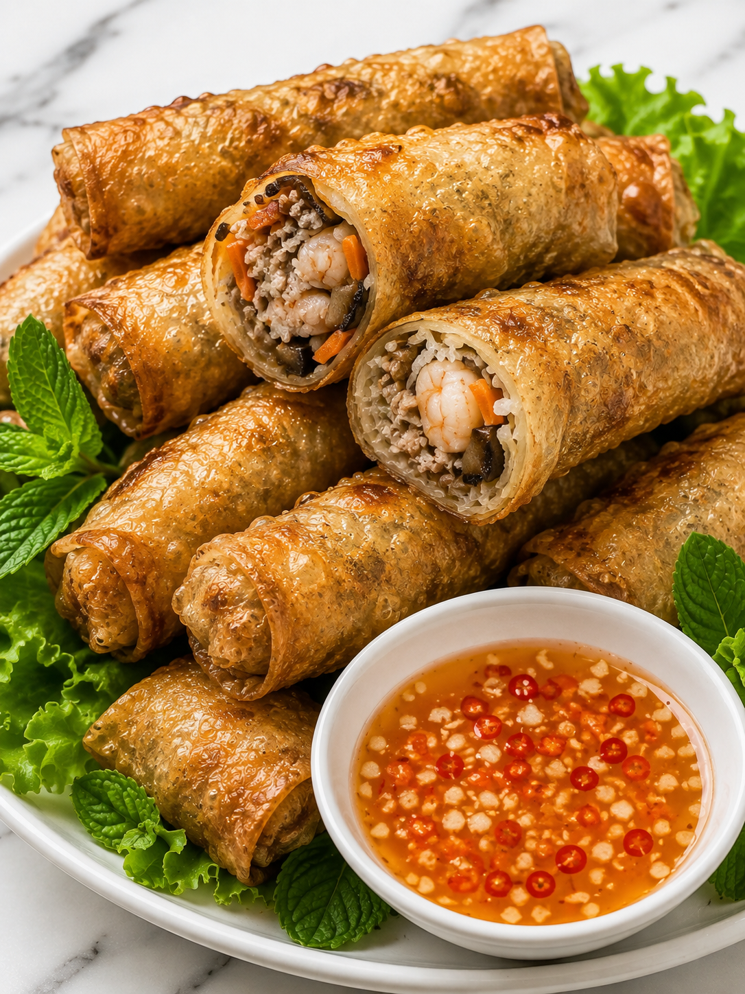 Golden crispy rice paper spring rolls with chili garlic dipping sauce