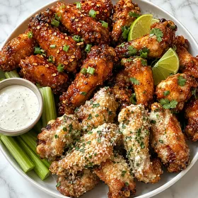 Sticky crispy chicken wings with three sauces, chives, cilantro, and celery