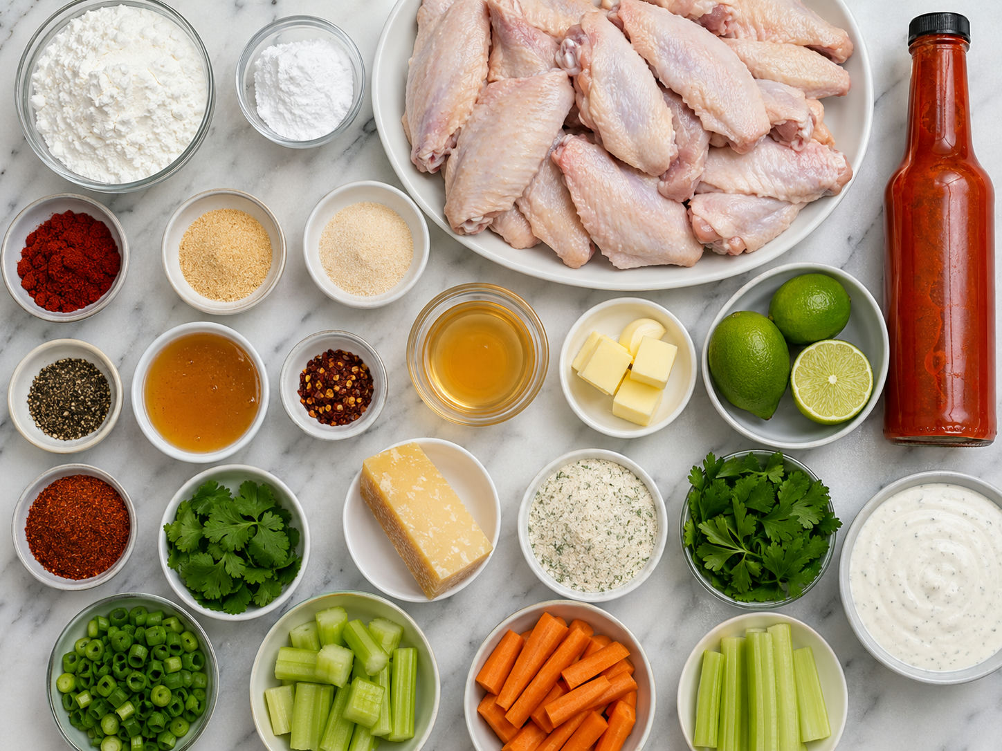 Chicken wings, honey, hot sauce, lime, parmesan, and spices on a table