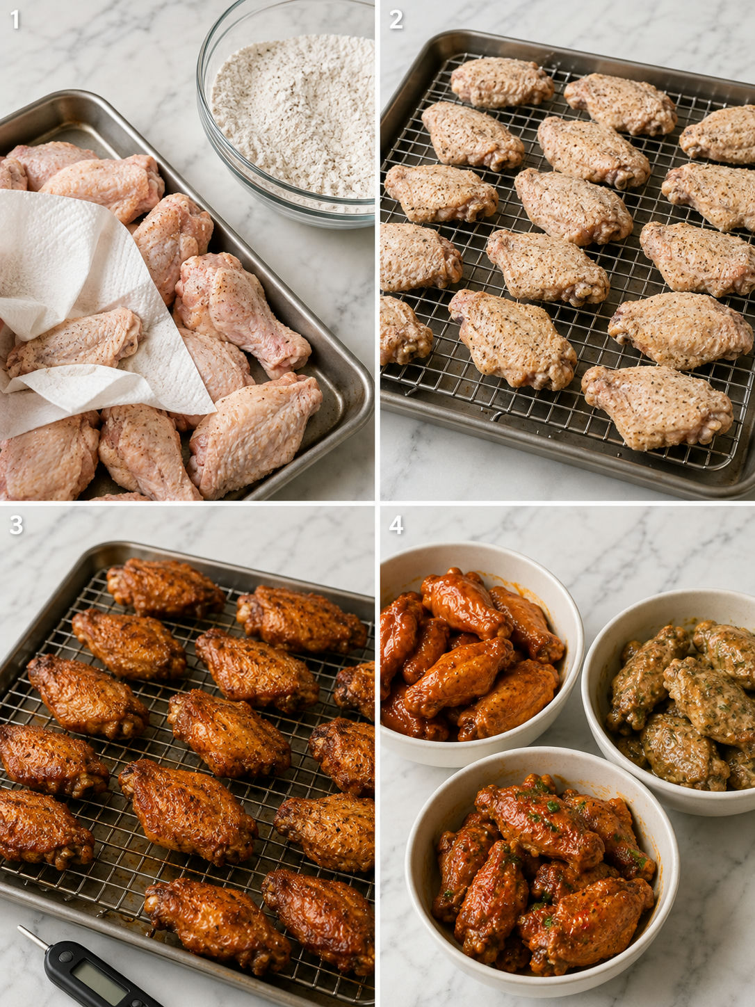 Four steps for baking and saucing crispy chicken wings